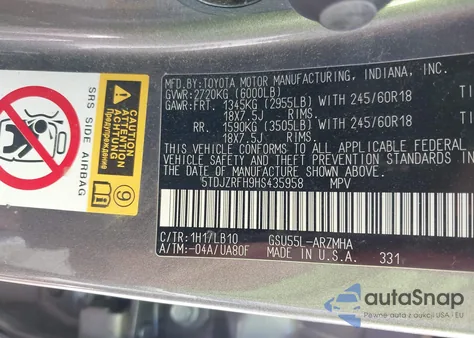 2017 Toyota Highlander Xle z USA, uszkodzony, nr VIN 5TDJZRFH9HS435958